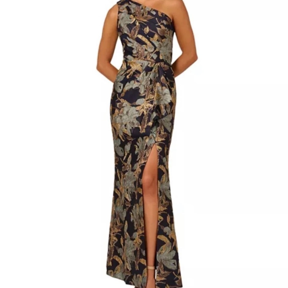 NWT Adrianna Papell Blue and Gold Asymmetrical One Shoulder Gown